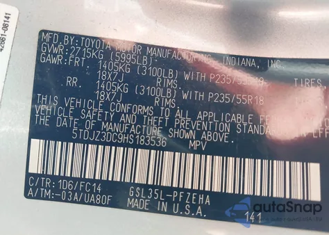 2017 Toyota Sienna Le 7 Passenger z USA, uszkodzony, nr VIN 5TDJZ3DC9HS183536